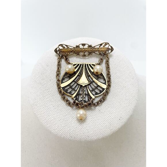 Antique Vintage Art Deco Victorian Edwardian Pearl and Chain Gold Tone Broach - Picture 1 of 6